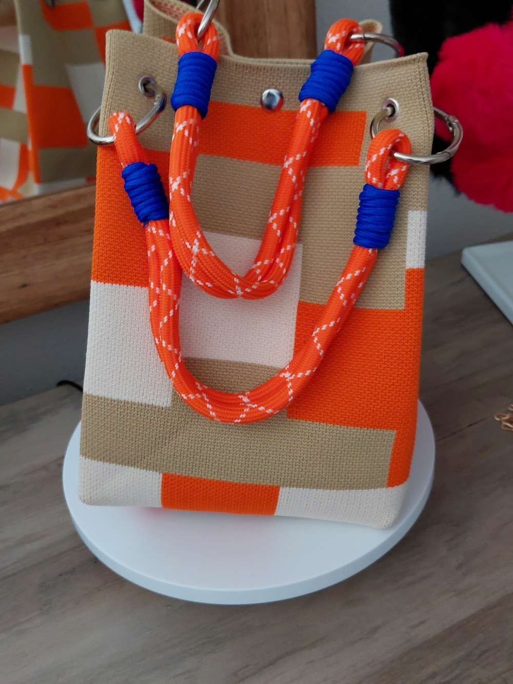 Canvas Geo Tote Bag with Orange Rope Handles